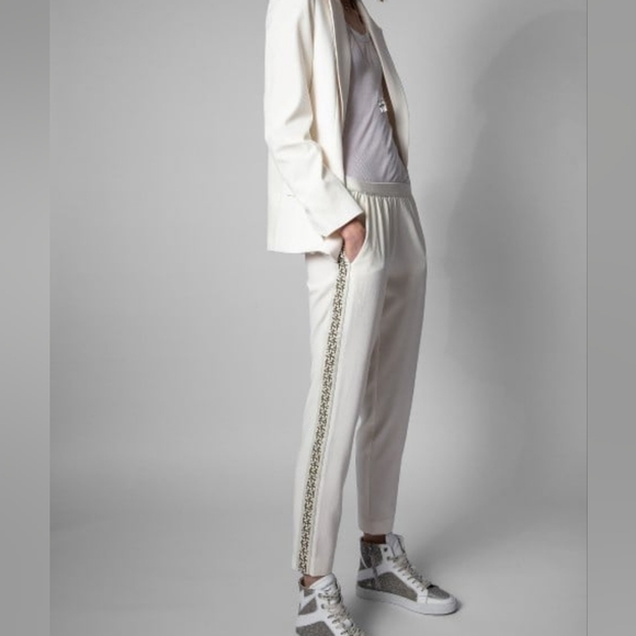 Zadig & Voltaire Paula Women Pants Straight ivory cream Green logo 38 medium - Picture 1 of 6